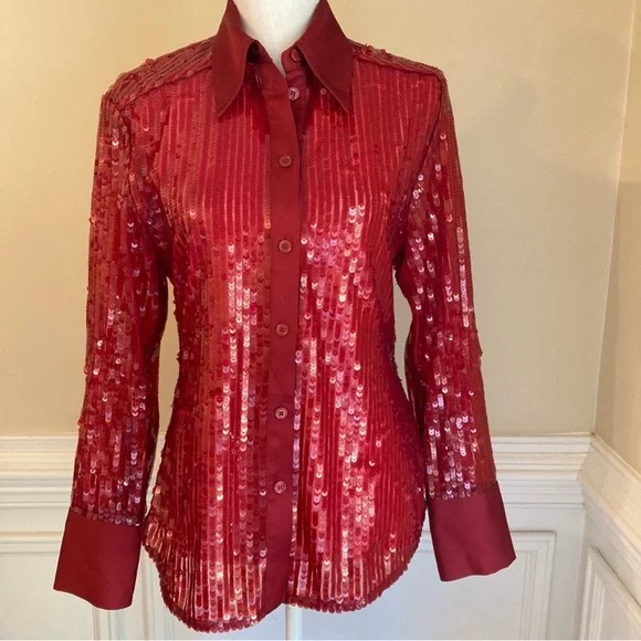 ZARA Red Sequin Long Sleeve Button Down Shirt NWT - Picture 3 of 14